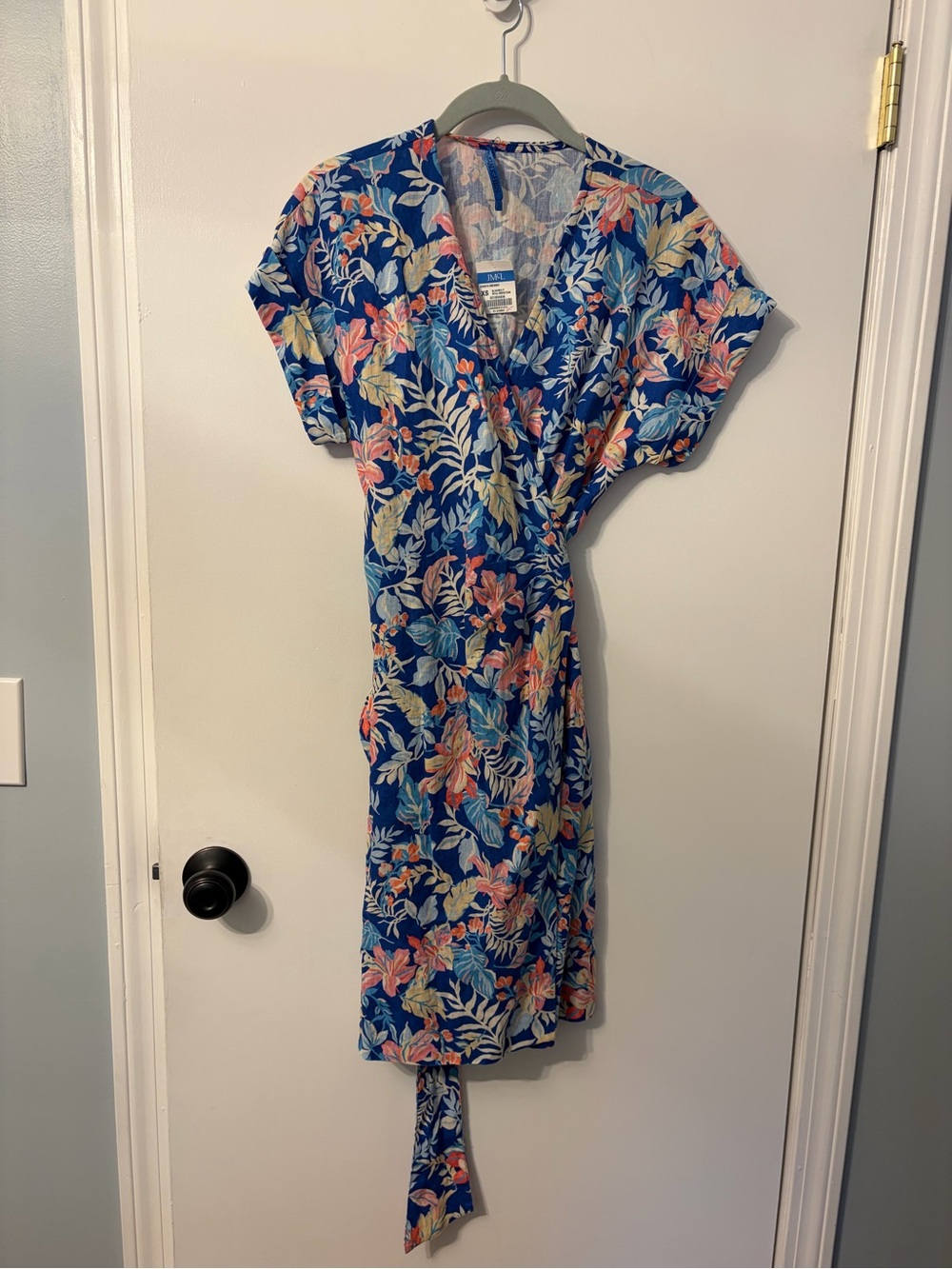J. McLaughlin Blue Floral Wrap Midi Dress with Pink and Green